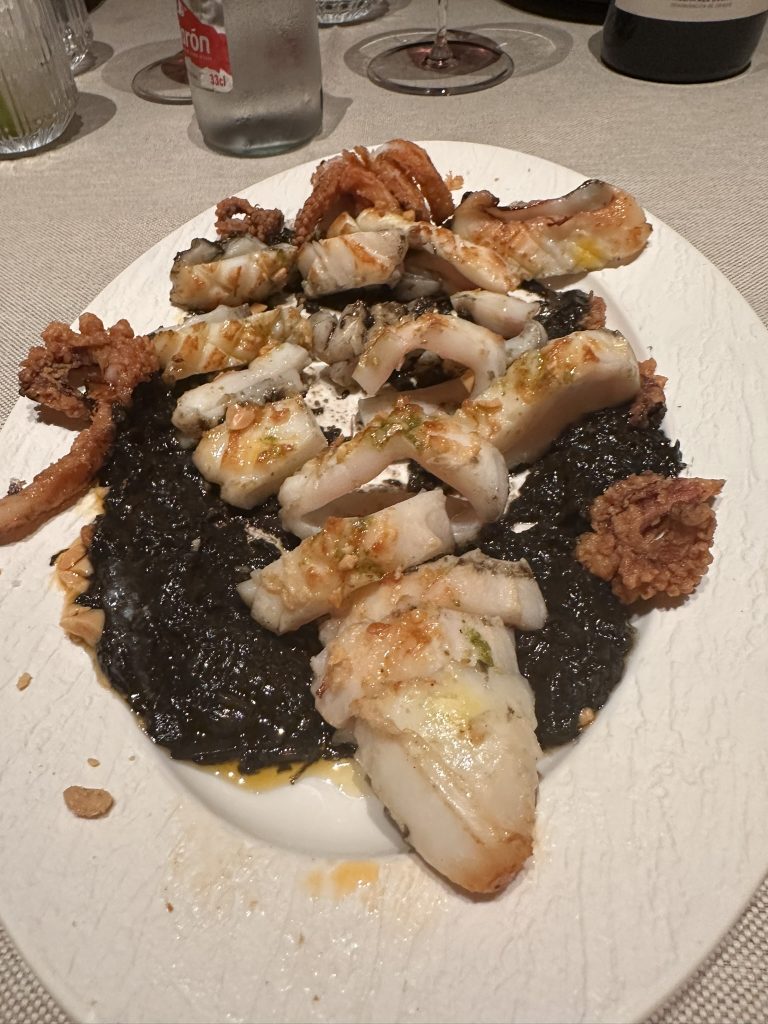 Calamar de playa a la plancha sobre una base de encebollado tradicional y adobo andaluz, mostrando la textura del calamar y los colores de la salsa