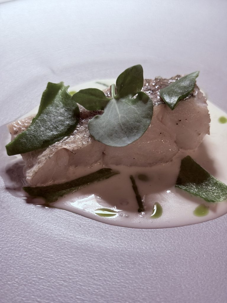 Llus confitado a la brasa con hierbas de costa y colágeno cremoso en el Restaurante Casa Pepa de Ondara