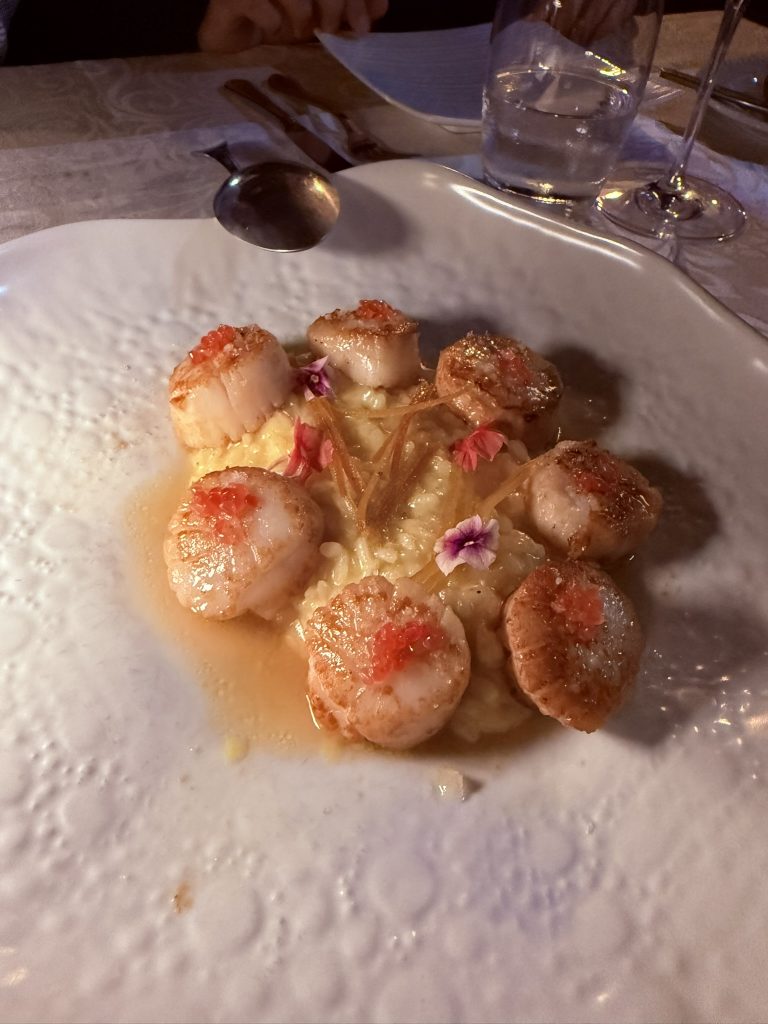 Vieiras foto José Cotino Plato de vieiras con risotto de naranja y perlas de caviar de lima en Restaurante Oleão, Porches